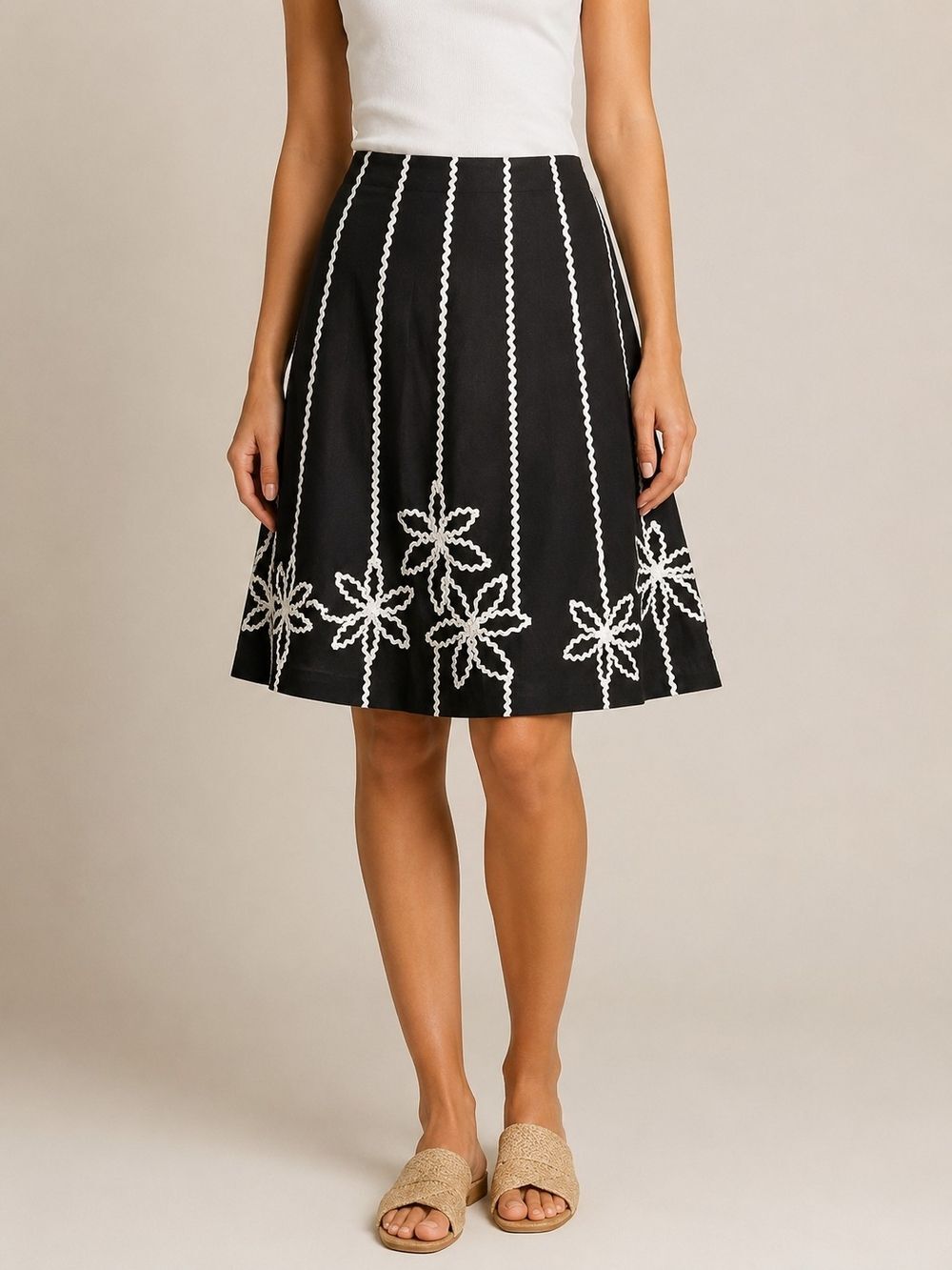 SLB Black 100% Linen Embroidered A-Line Skirt Size 10 White Floral Boho